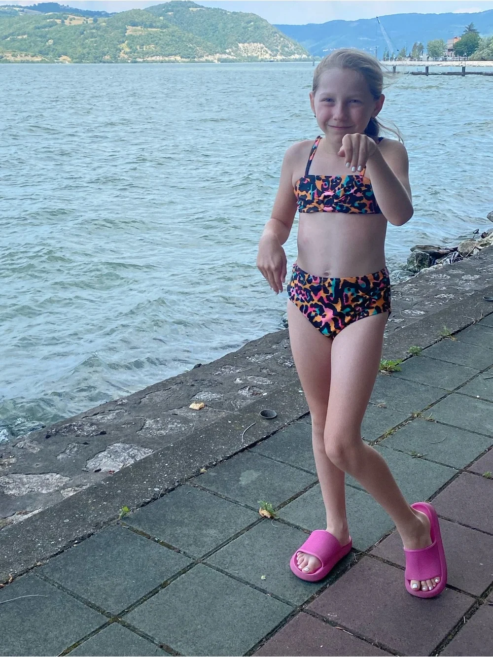 Colorful Leopard Print Two-Piece Bikini Set - Mustard, Pink & Teal